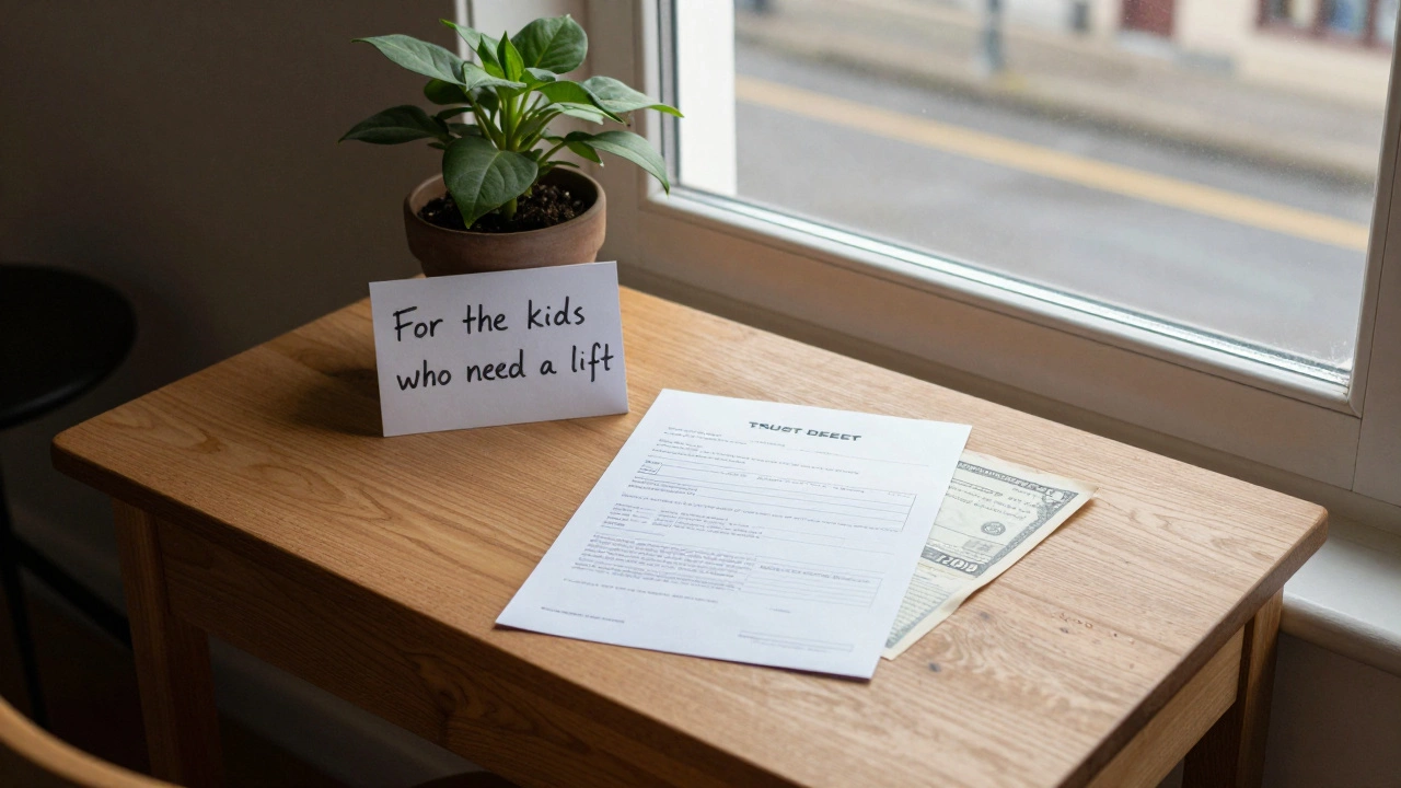 A trust deed, bank statement, and handwritten note on a windowsill with a plant.