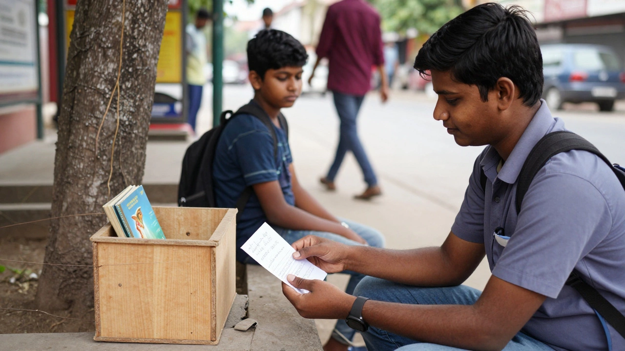 A volunteer hands a handwritten note to a teen at a bus stop, near a small book swap box under a tree.