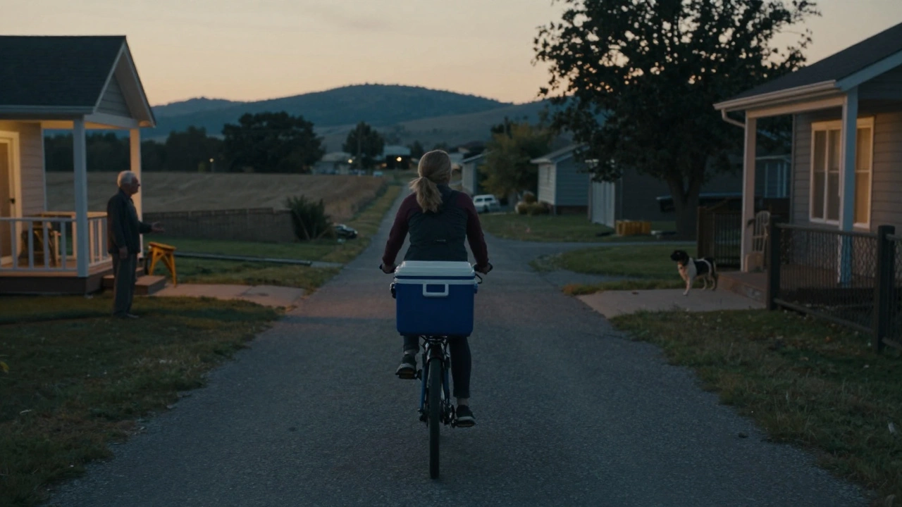 A woman on a bicycle delivering medicine to an elderly man on his porch at dusk.