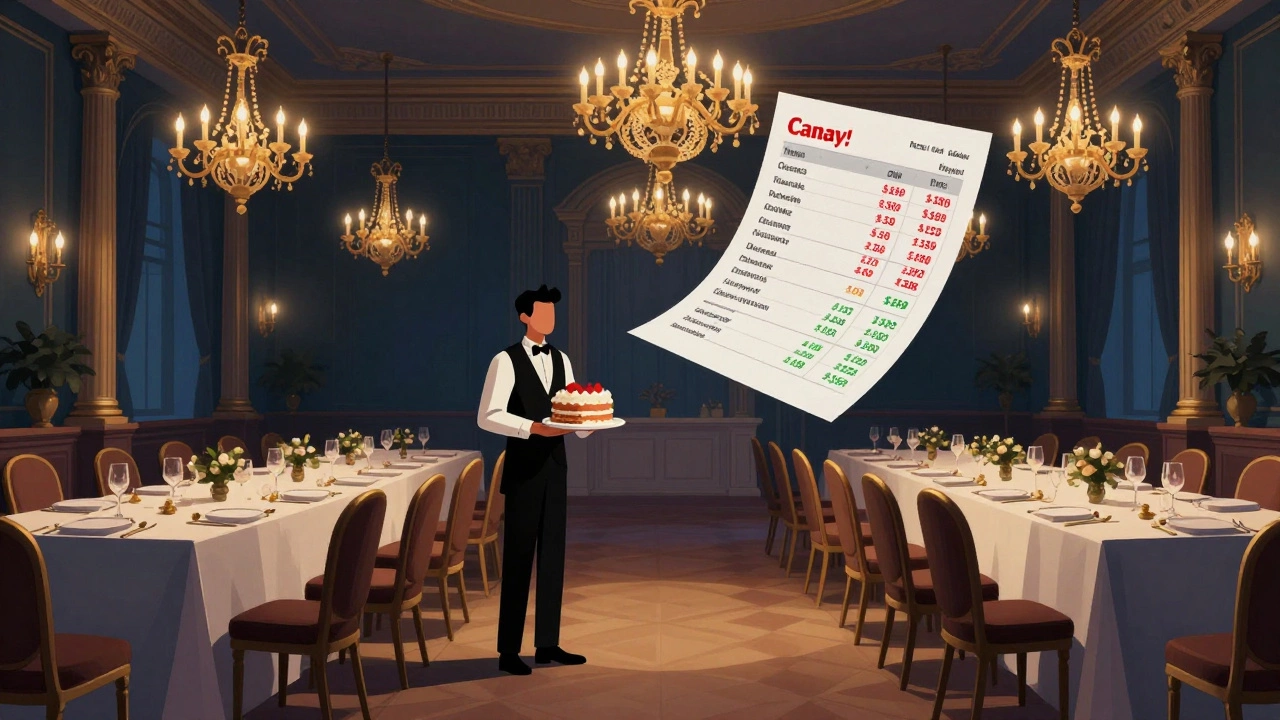 An elegant but half-empty charity gala with a floating financial spreadsheet showing costs exceeding donations.