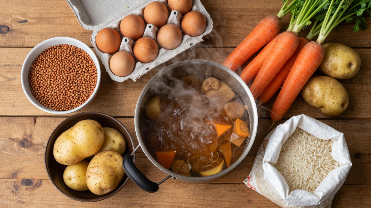 Budget ingredients like lentils and eggs on wooden table