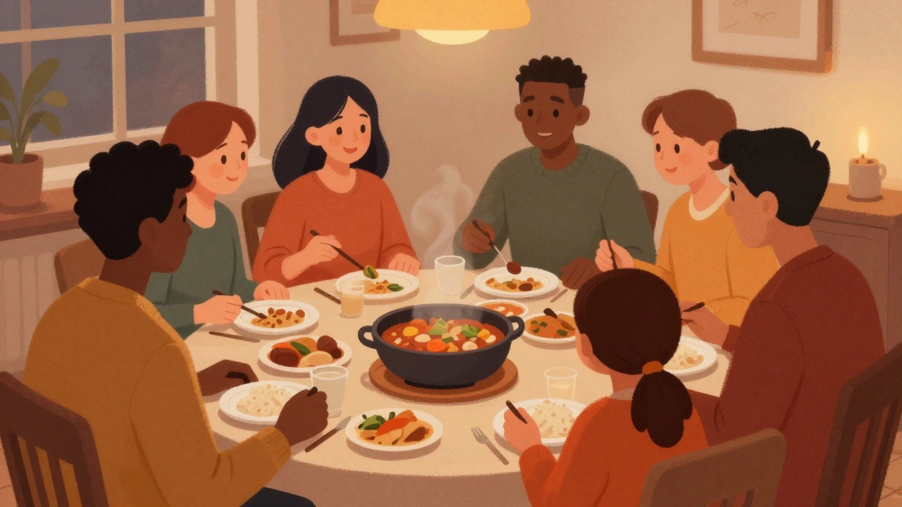 Diverse group sharing a meal around a cozy dining table