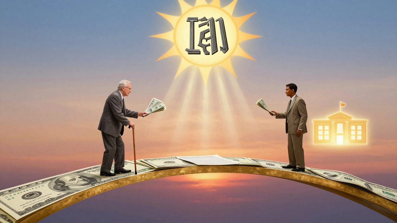 Golden bridge of documents connects retiree receiving income to a charitable building under IRS symbol.