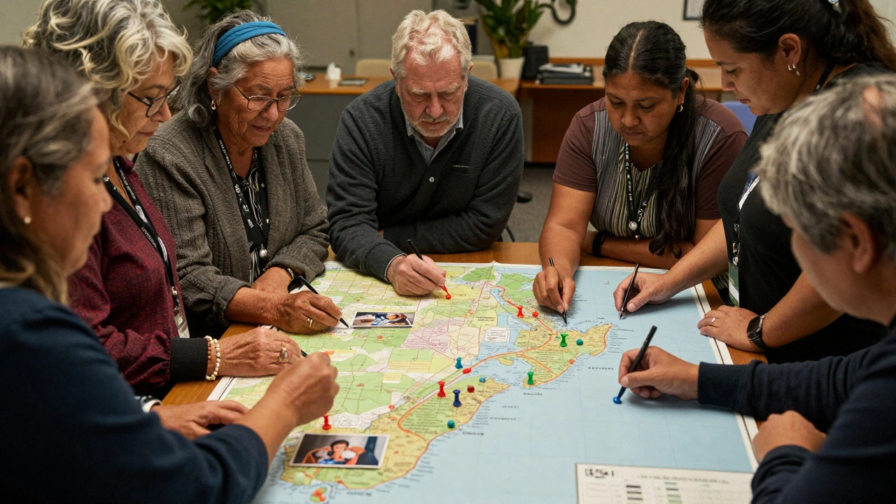 Local trustees marking supported towns on a map, holding a photo of youth in a workshop.