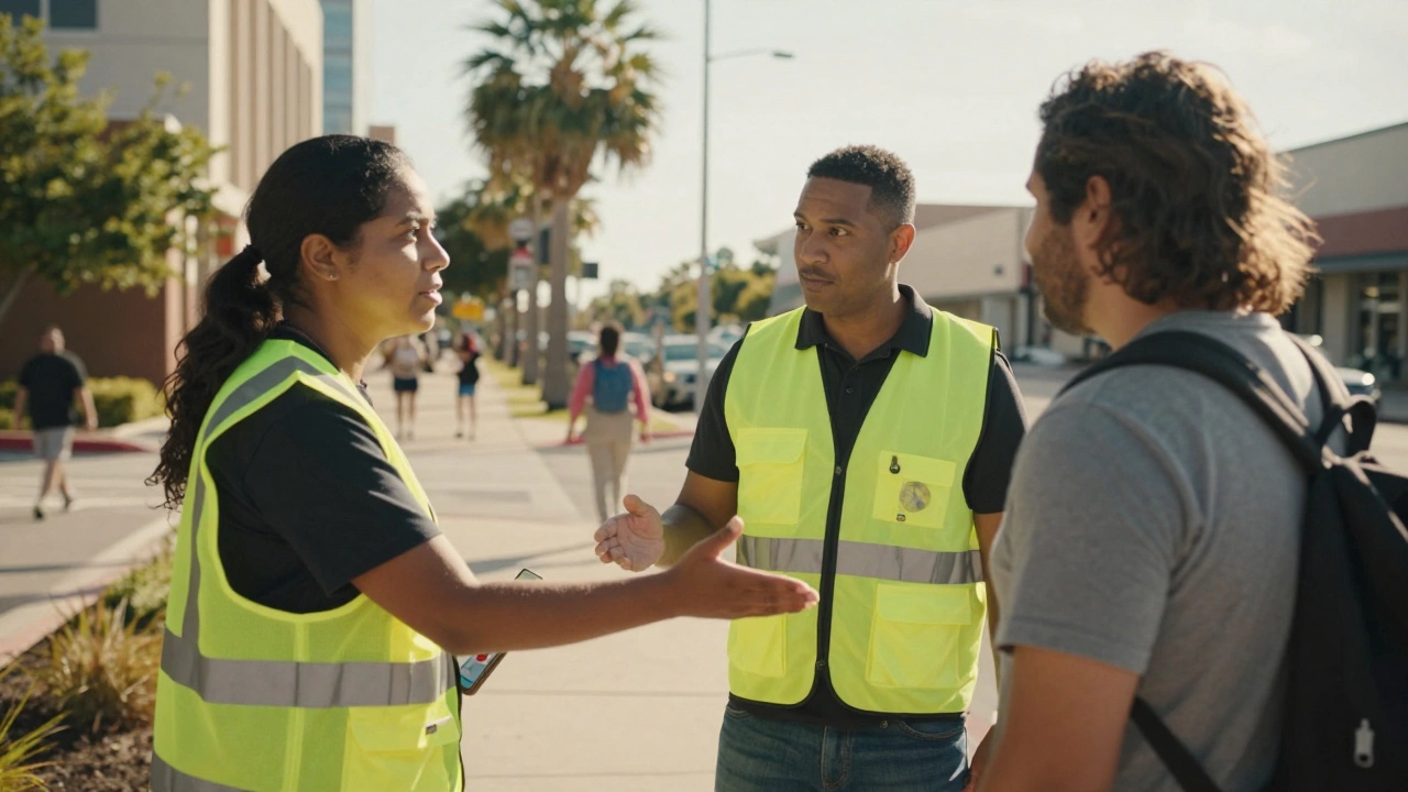 Outreach worker providing support services to unhoused person