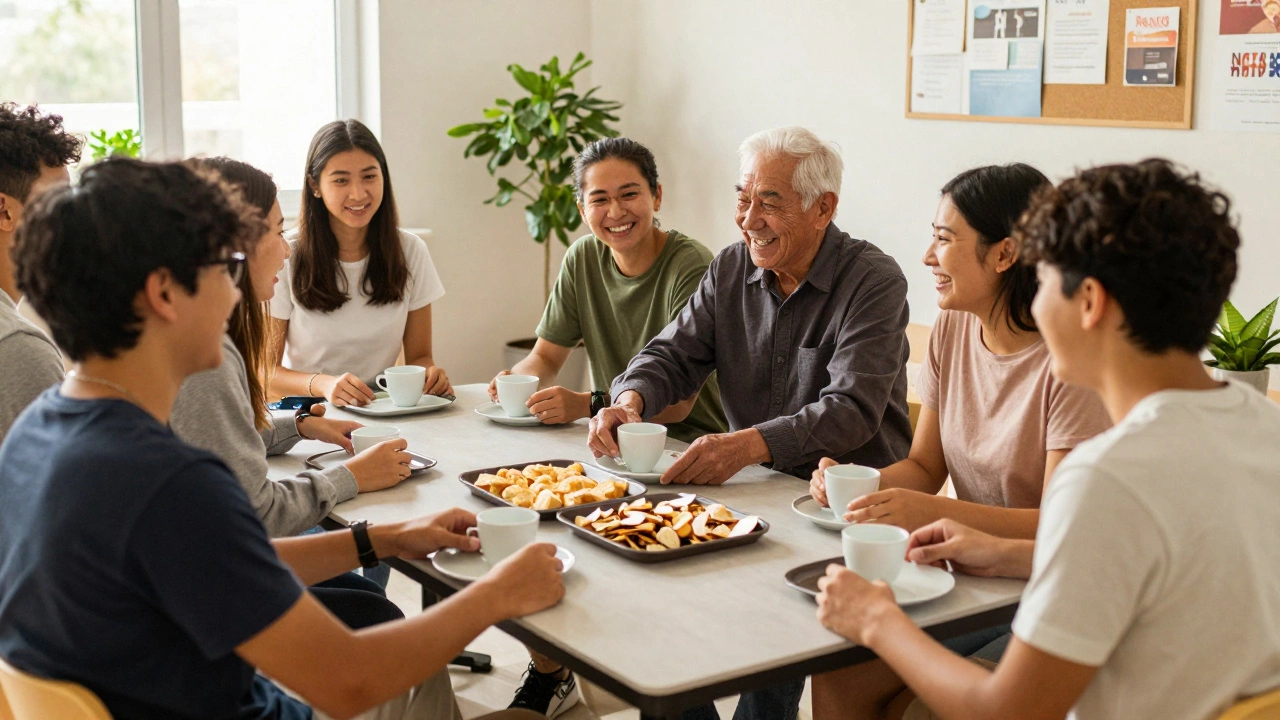 Senior students mentoring juniors during a casual snack break.