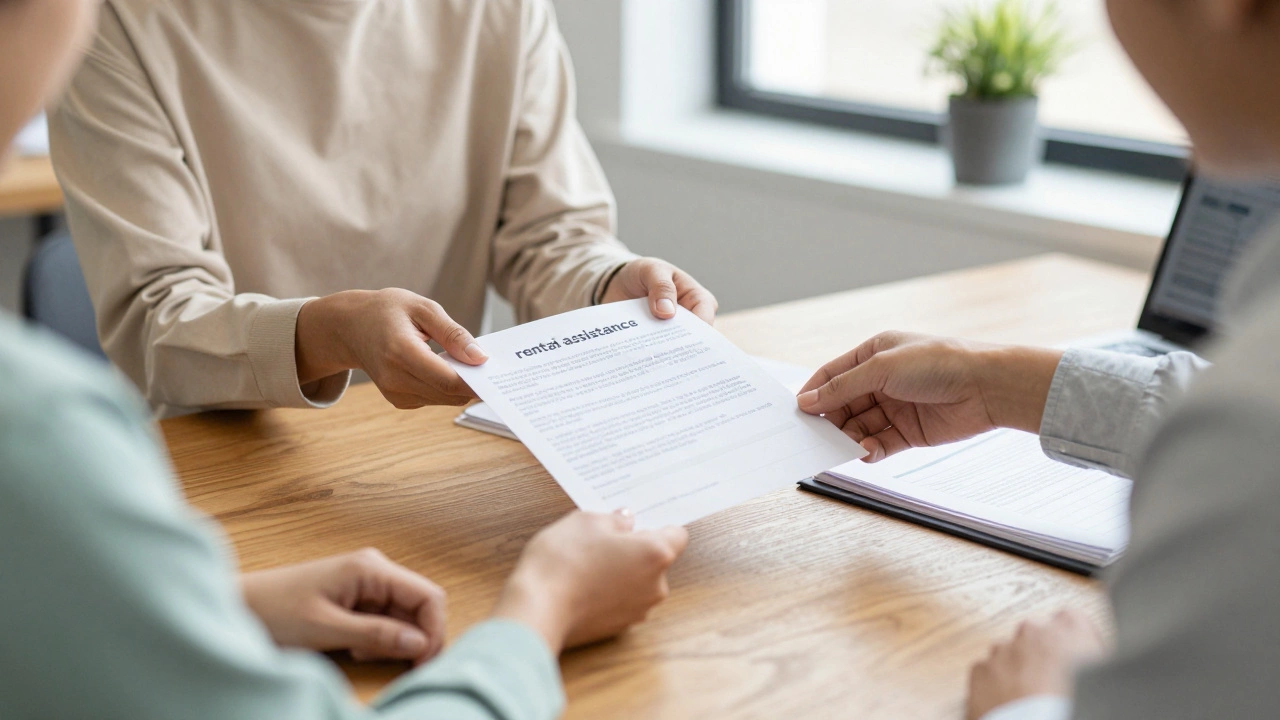 A caseworker handing rental assistance paperwork to a client in a sunny office.