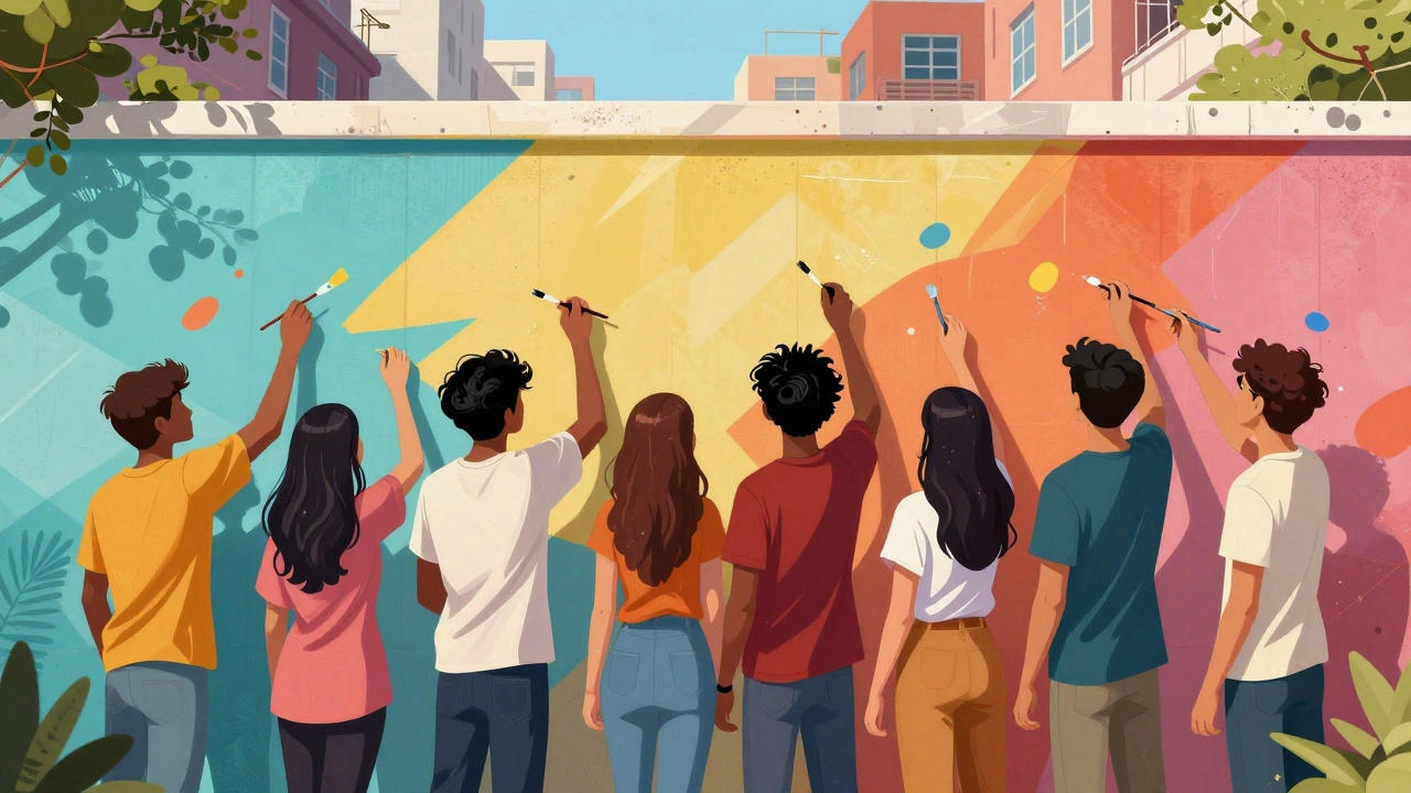 A diverse group of young people collaborating on a colorful community mural.