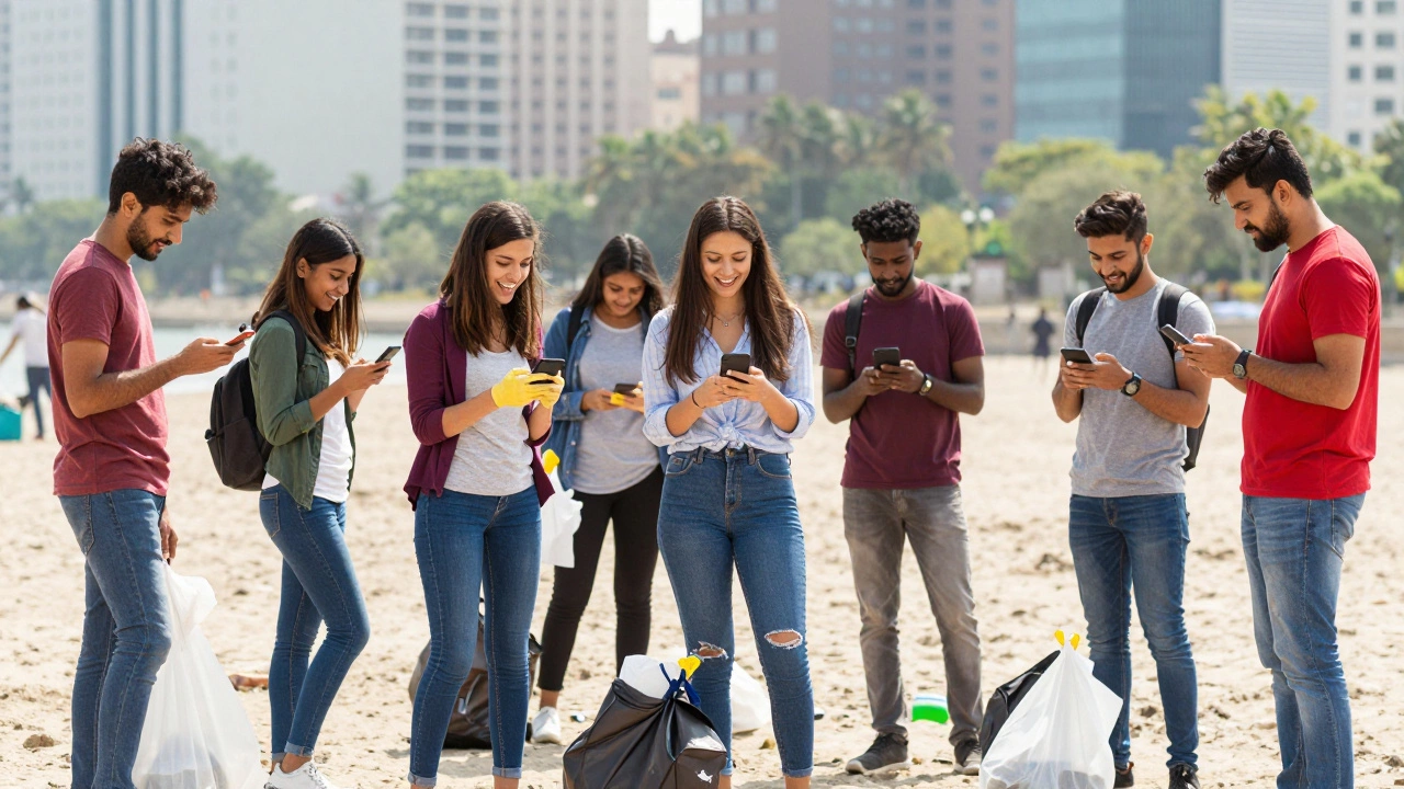 A group of young people in India using smartphones to coordinate a community cleanup event in a bright city park.