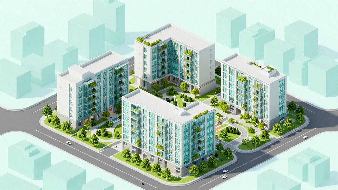 A modern, green-integrated affordable apartment complex in isometric 3D style.