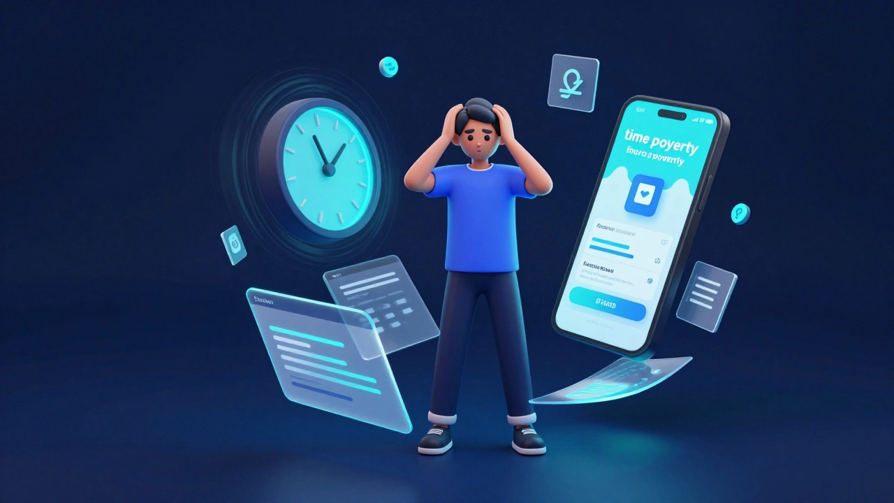 A person surrounded by holographic digital task icons and a spinning clock, representing micro-volunteering and time poverty.