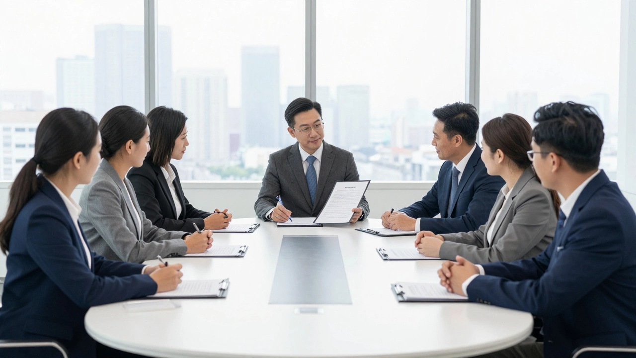 A professional board of directors meeting to review official charity governance documents.