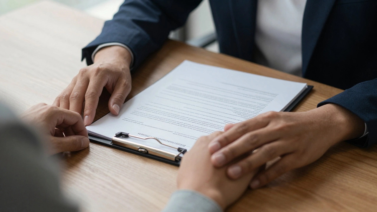 Close-up of a caseworker and client reviewing housing application documents.