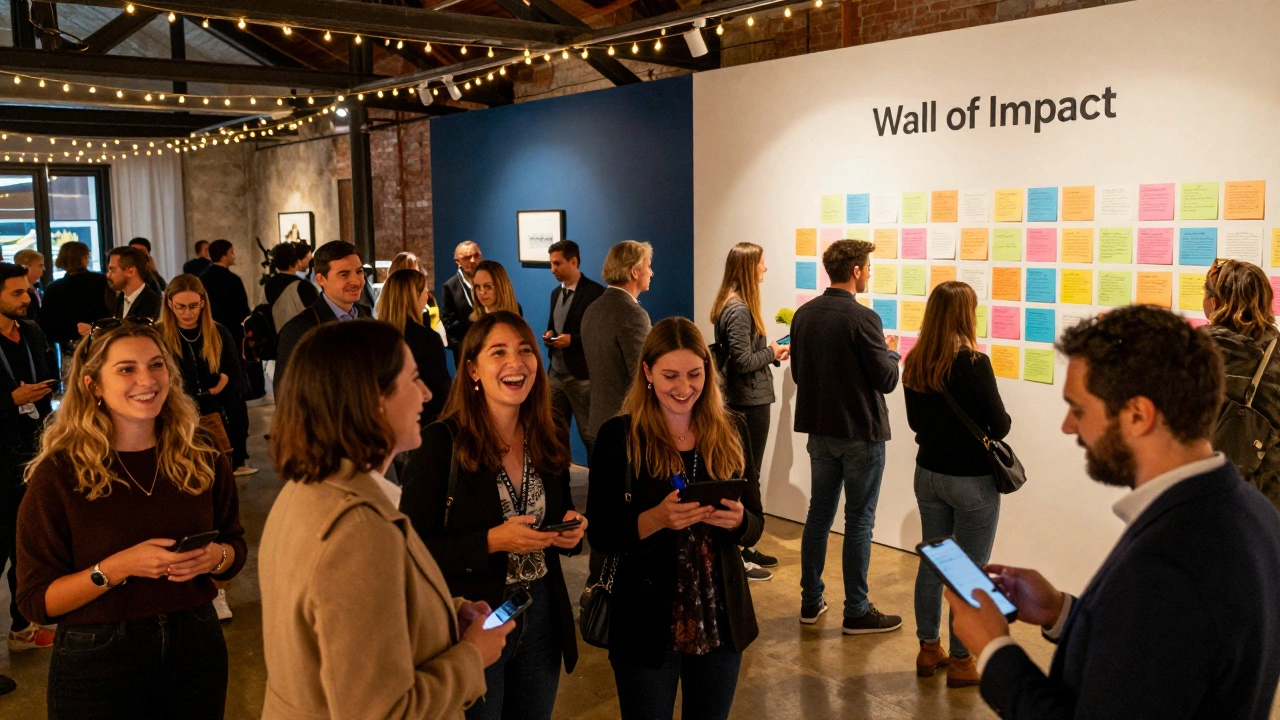 Crowd of guests at a modern charity event making digital donations near a wall of impact.