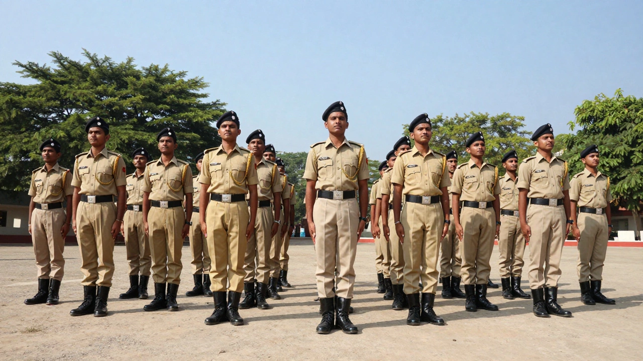 Indian youth cadets in uniform standing in a disciplined formation on a parade ground.