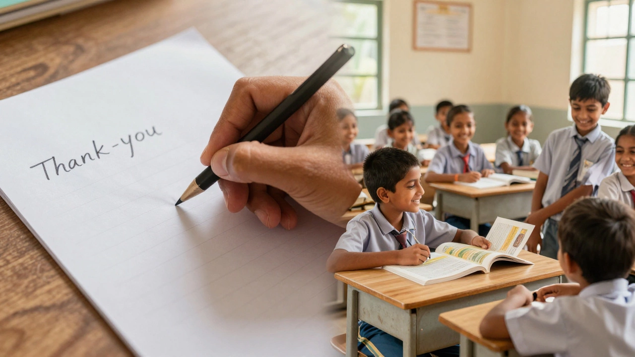 Split image showing a handwritten thank-you note and children receiving new school books.