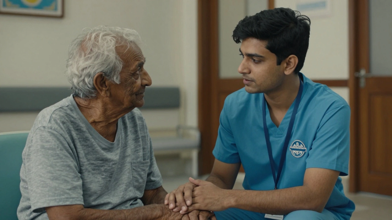 A volunteer listening empathetically to an elderly resident