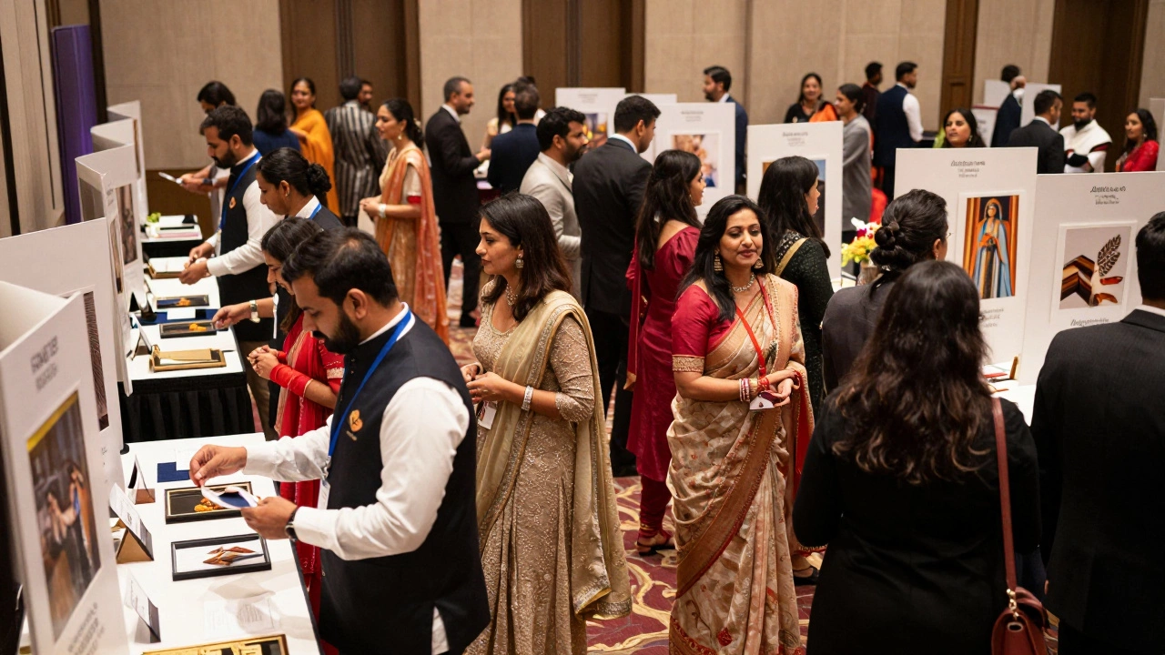 Guests registering at a vibrant charity gala entrance