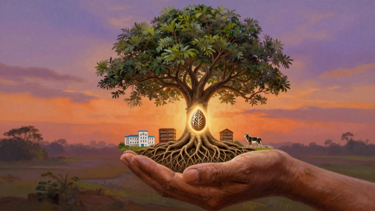Hands holding a seed growing into a tree supporting community buildings