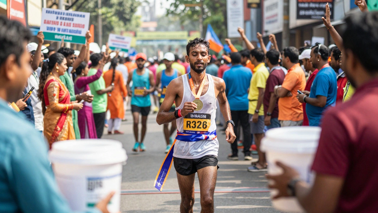 Marathon runner crossing finish line amidst cheering crowd and charity fundraisers