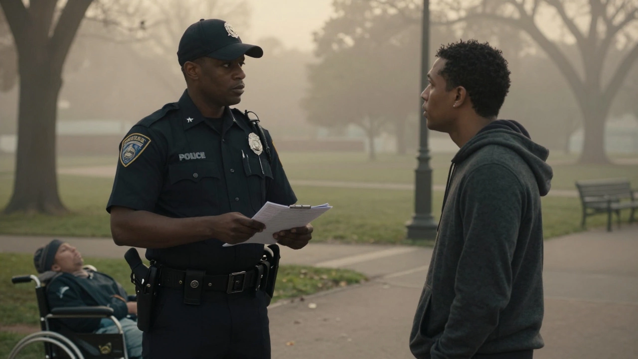 Police officer issuing a ticket to an unhoused person in a public park.