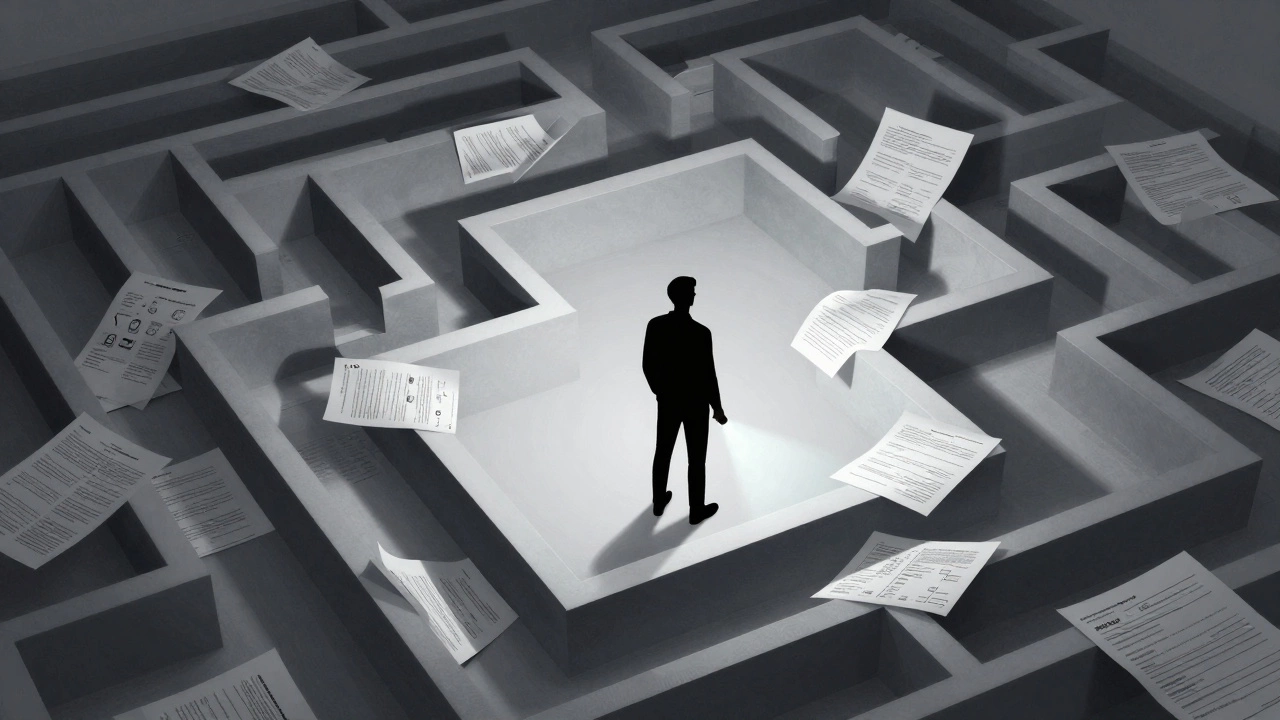 Silhouette navigating a maze of bureaucratic papers, symbolizing housing assistance complexity.