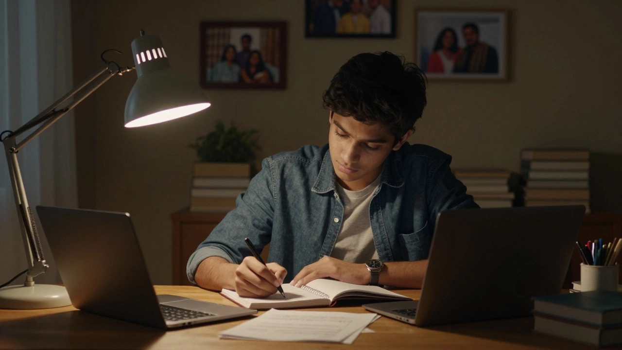 Student writing essay by lamplight at night