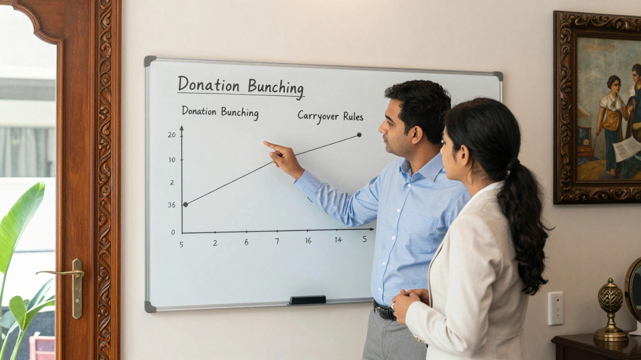 Advisor explaining donation bunching strategy to client in Indian office