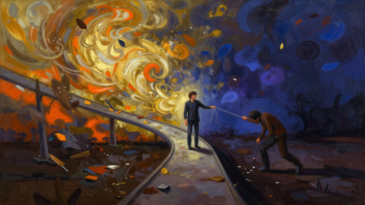 Artistic split scene showing bright chaotic colors and dark heavy tones, representing bipolar disorder's mood swings.