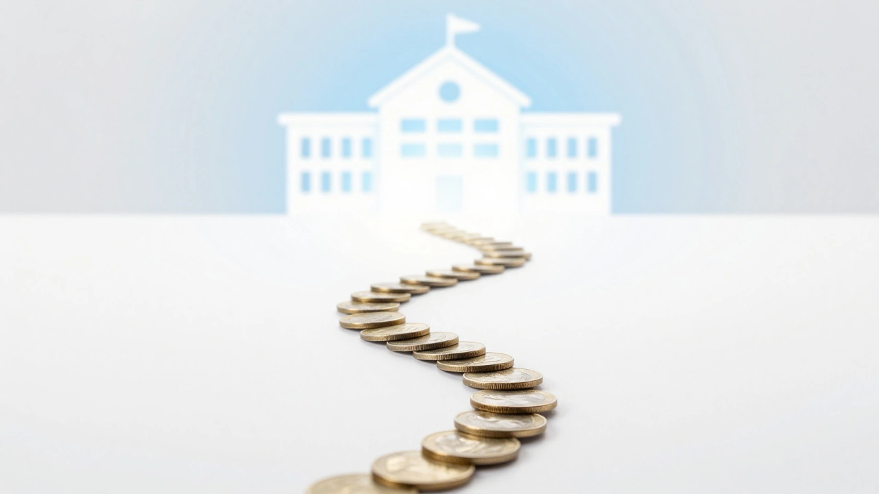 Conceptual art of coins forming a path leading to a community aid symbol.