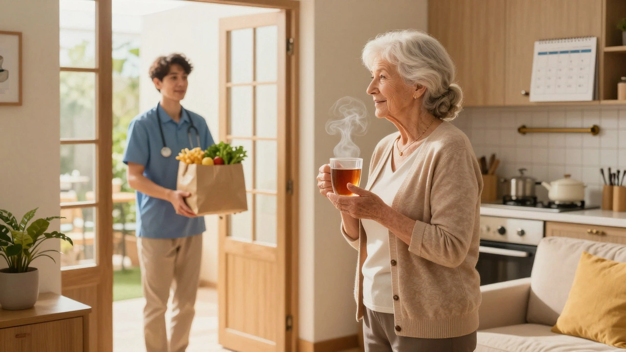 Elderly woman enjoying tea at home while receiving a meal delivery service.