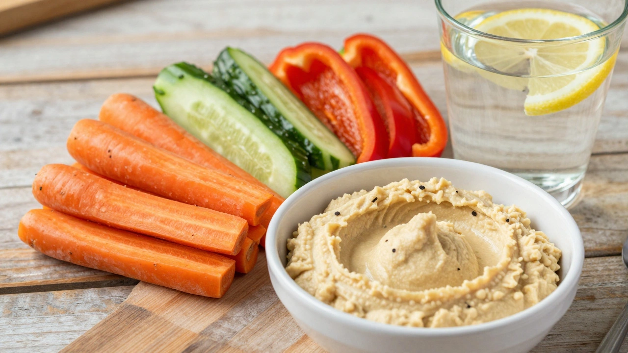 Fresh vegetable sticks with hummus and lemon water on wooden table