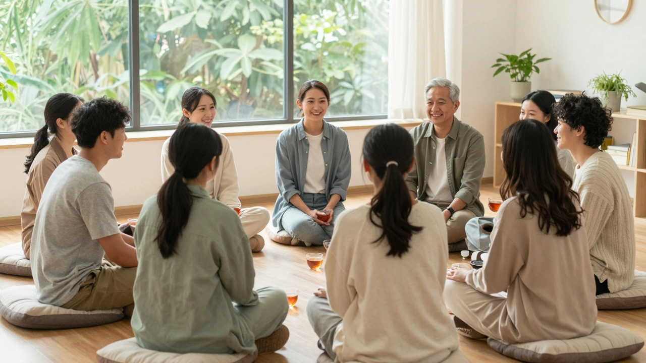 Group of people sitting in a circle in a sunlit room, sharing conversation and support for mental health recovery.