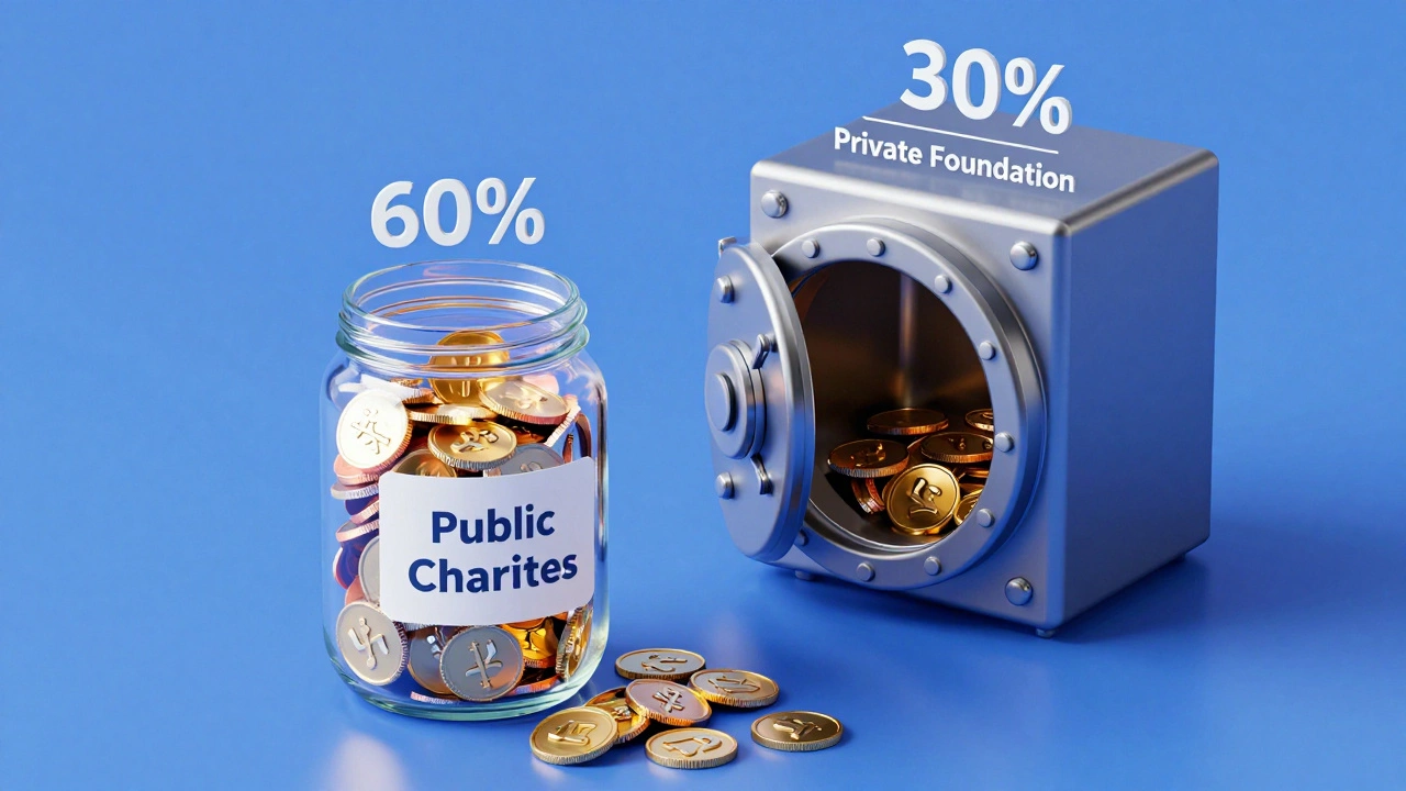 Illustration comparing open public charity jar vs sealed private foundation vault