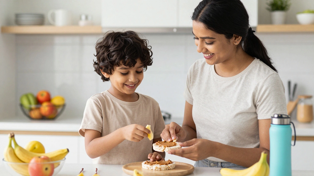 Indian child and parent happily preparing a healthy snack together