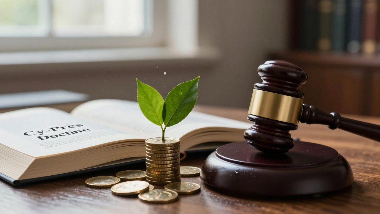 Judge's gavel and coins turning into nature, symbolizing cy-pres doctrine redirecting funds.
