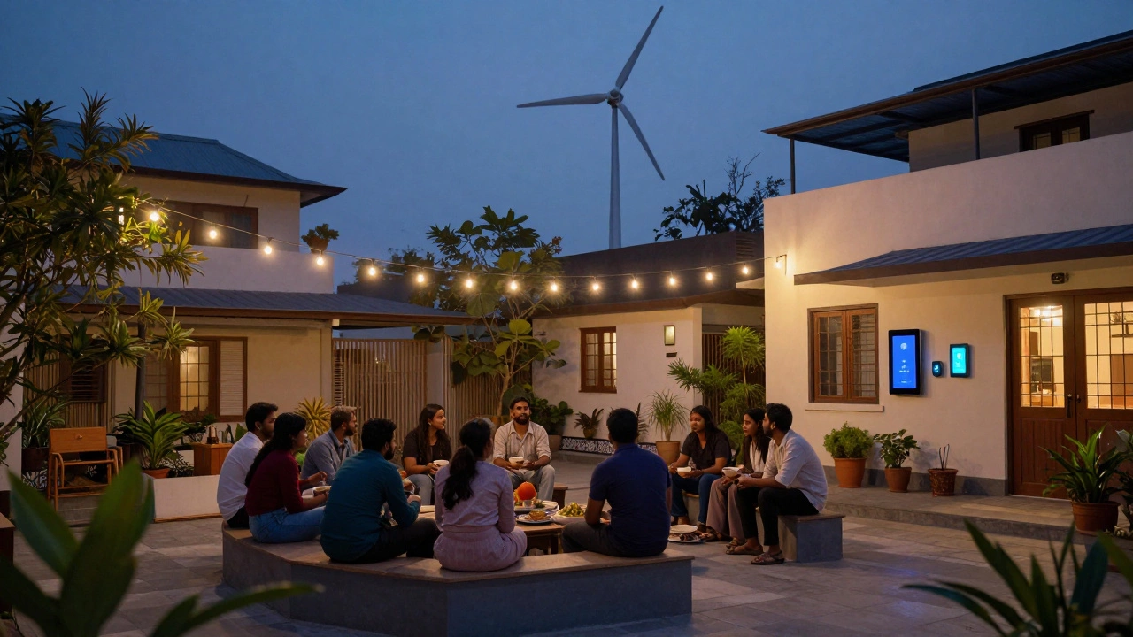 Neighbors gathering under string lights in an eco-friendly residential courtyard at dusk