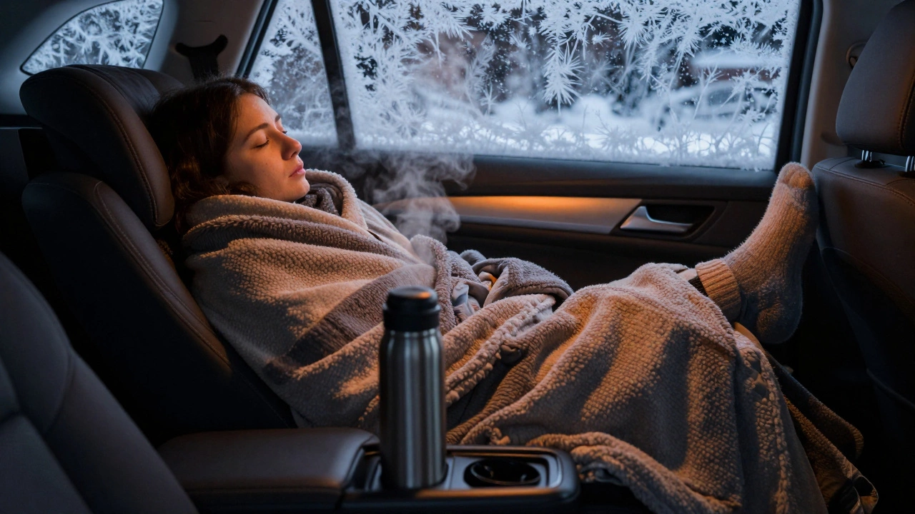 Person sleeping warmly in a car seat with thermal blankets in winter