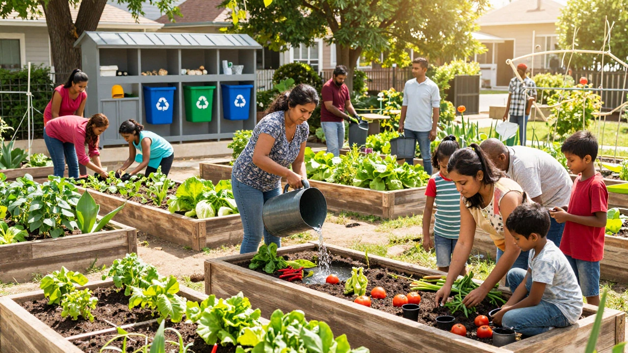 Residents gardening and using rainwater harvesting in a vibrant community plot