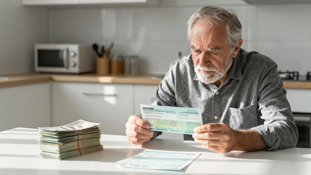 Senior man feeling relieved while reviewing tax rebates and utility aid documents.