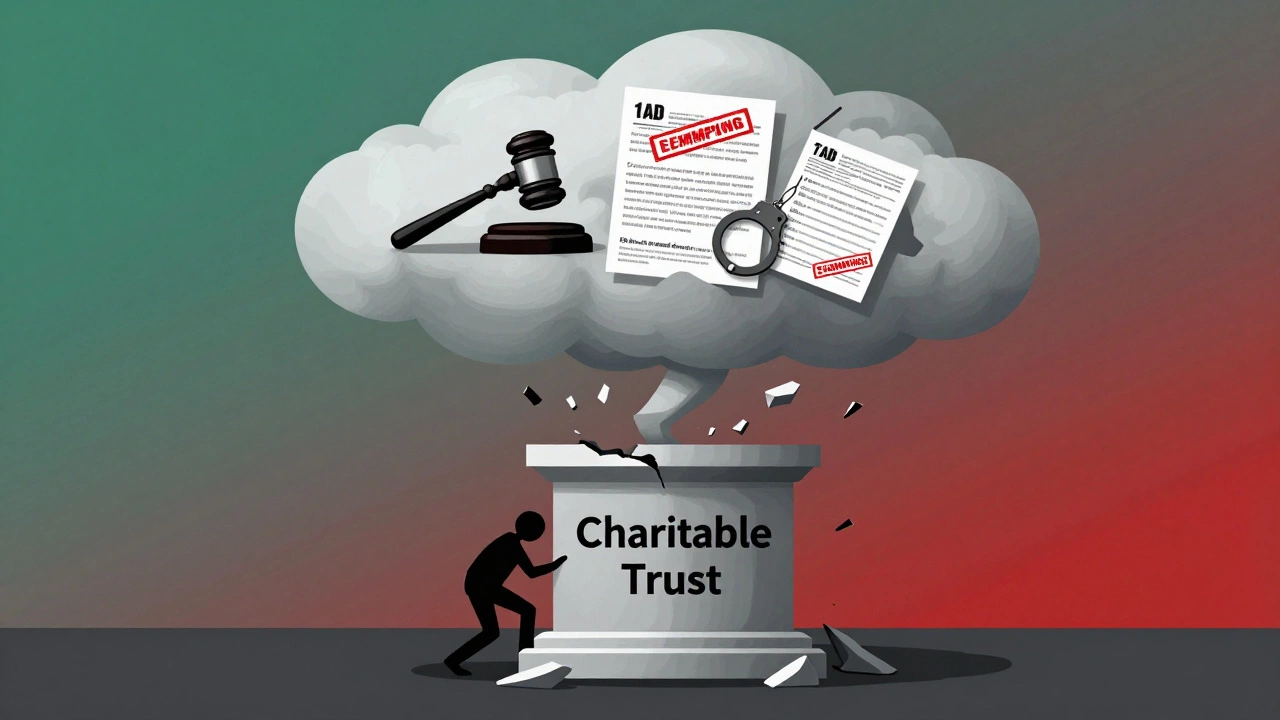 Storm cloud with legal symbols threatening a charitable trust