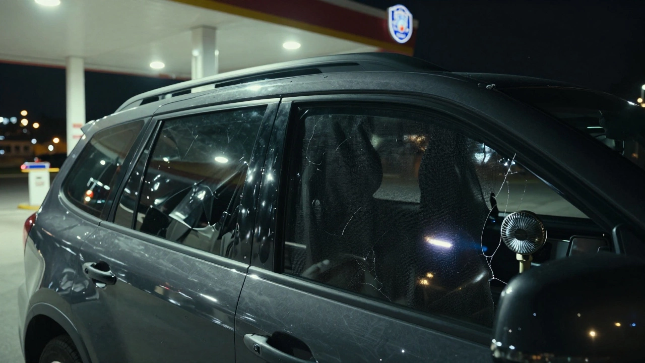 SUV parked safely at night with blackout curtains and security screens