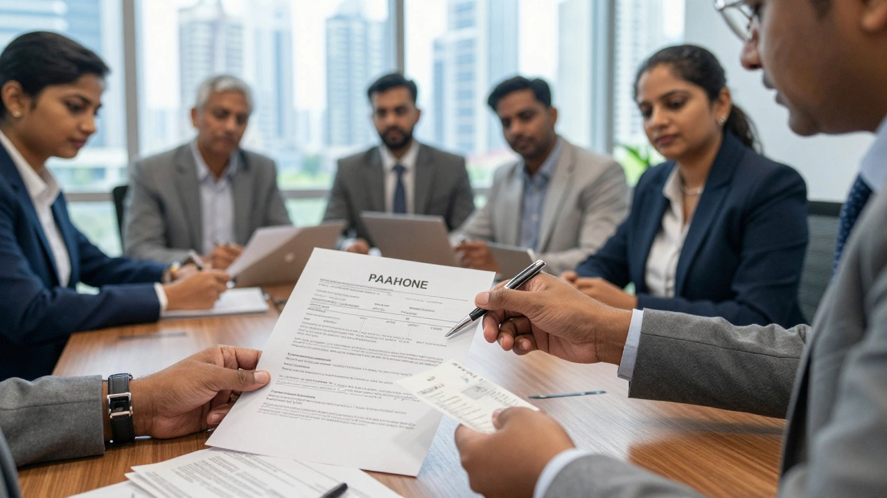 Trustees reviewing salary approvals and receipts in an office