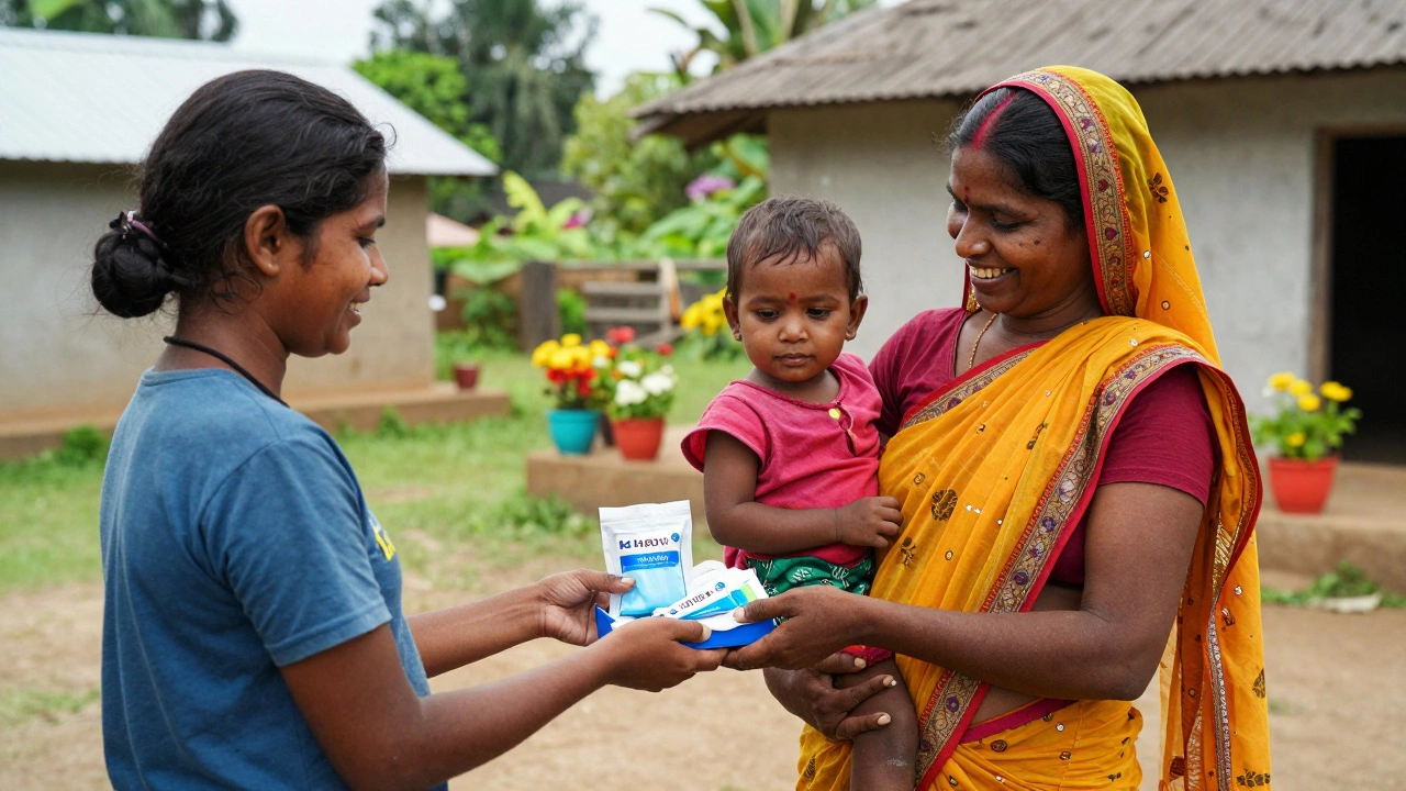 Volunteer handing hygiene supplies to a mother and child in a rural Indian village.
