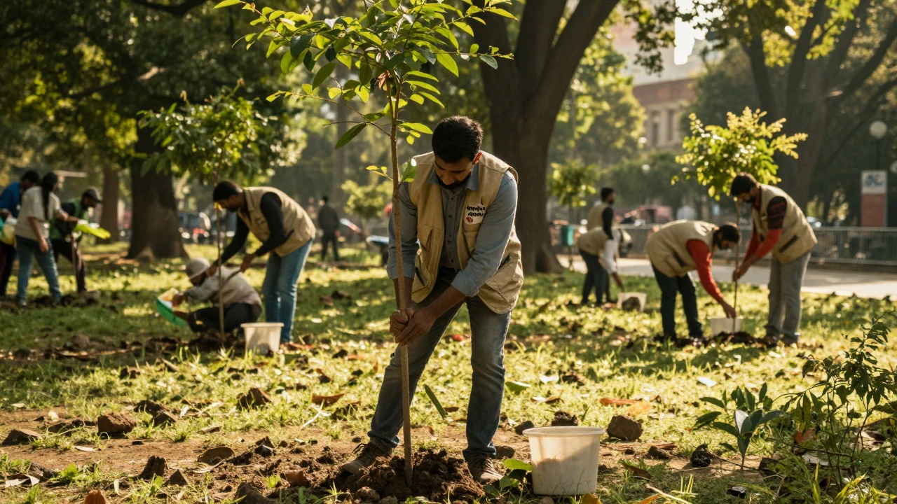 AmeriCorps member planting trees in a sunny urban park in India