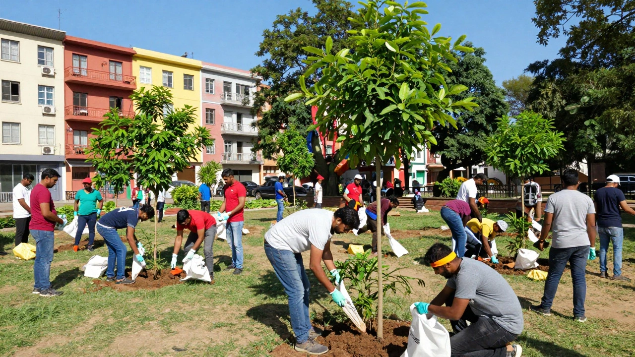 Community volunteers planting trees and cleaning a park in India