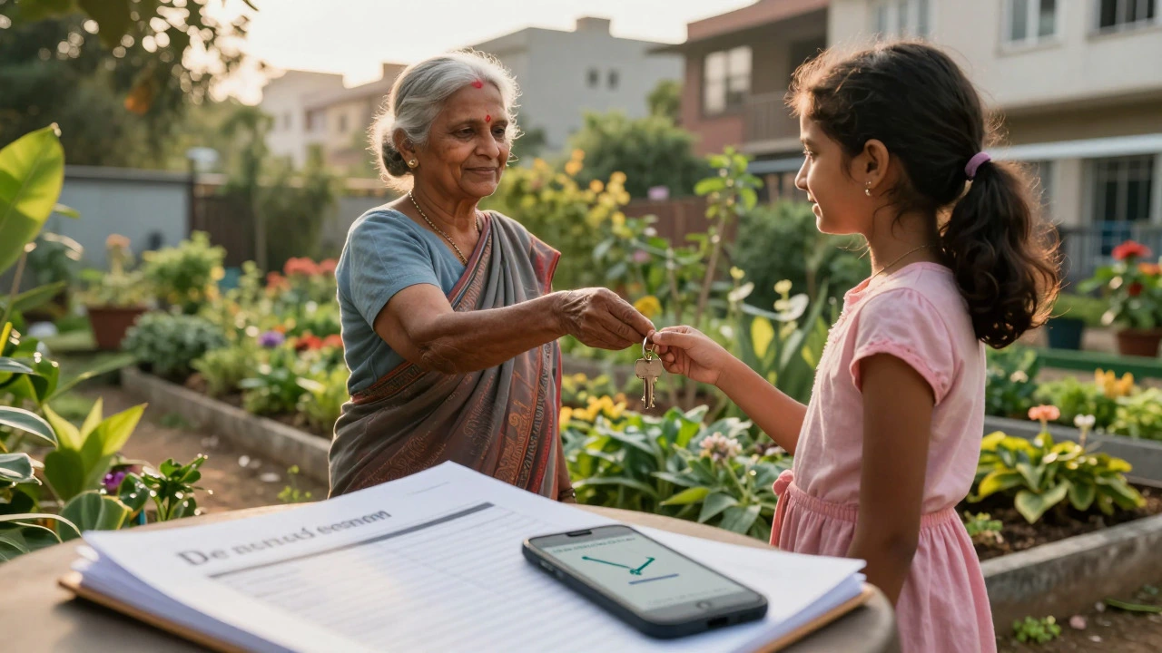 Elderly woman handing a key to a child in a community garden