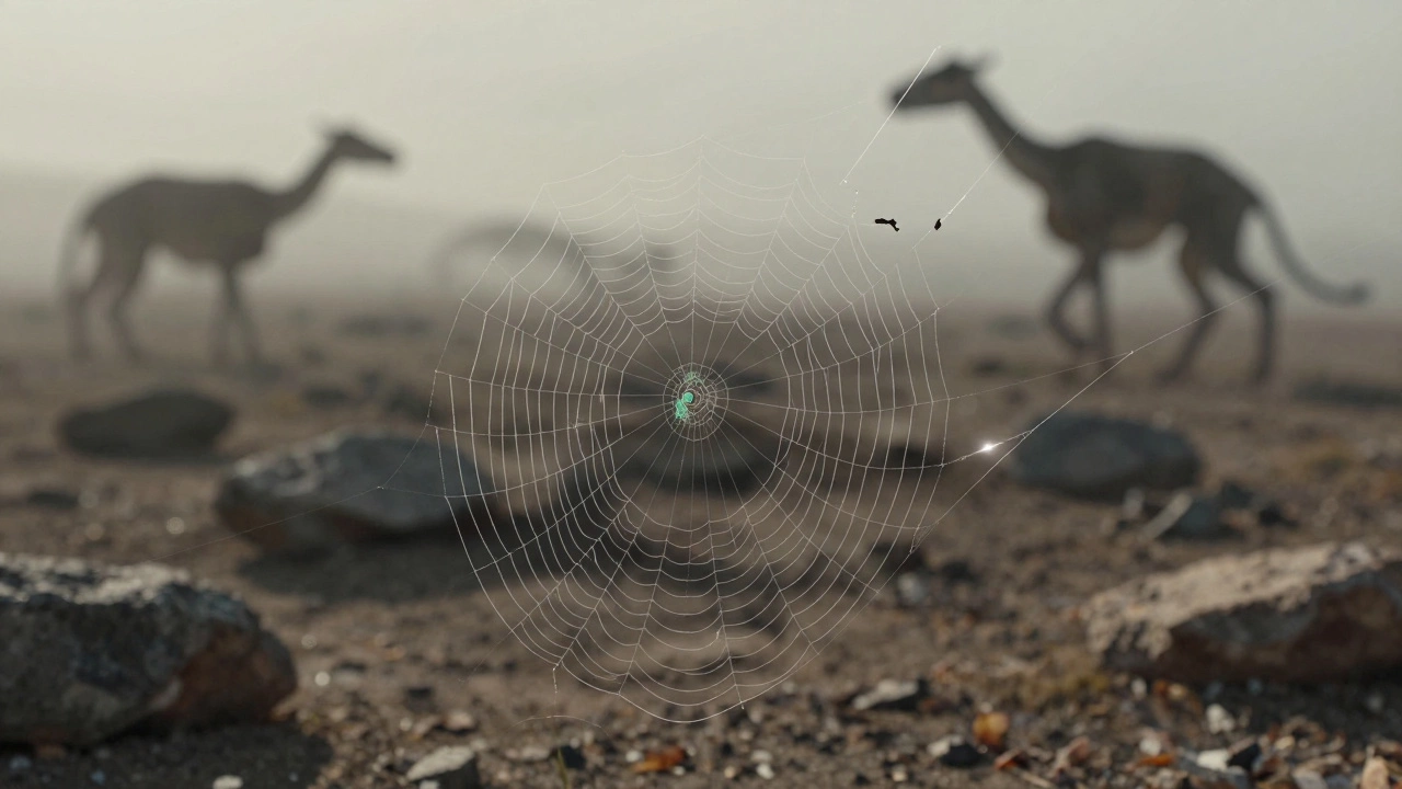 Fragile spiderweb on barren rock symbolizing biodiversity loss