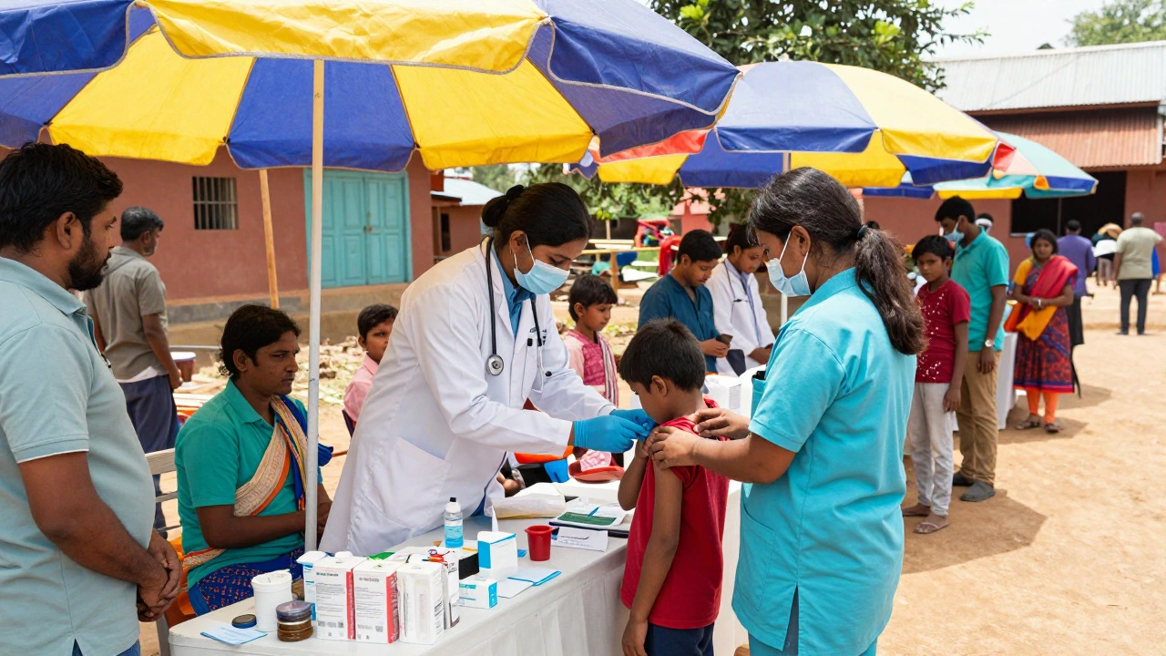 Healthcare workers vaccinating child at rural village fair