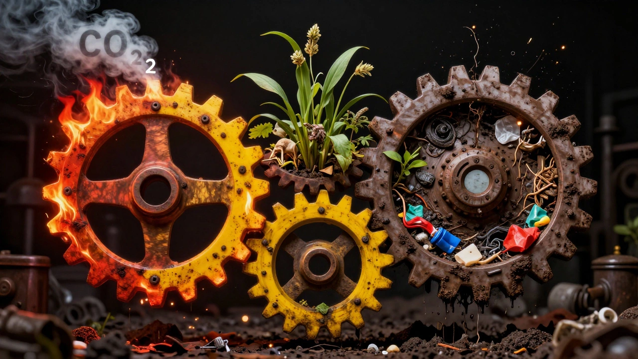 Interlocking gears representing climate change, extinction, and pollution